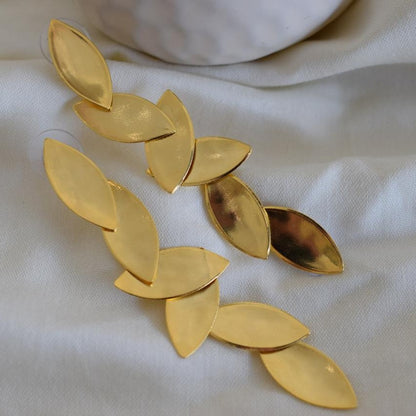 Elaia 4 cascading olive-leaf earrings, handmade Greek hammered jewelry, available in gold or silver plated.