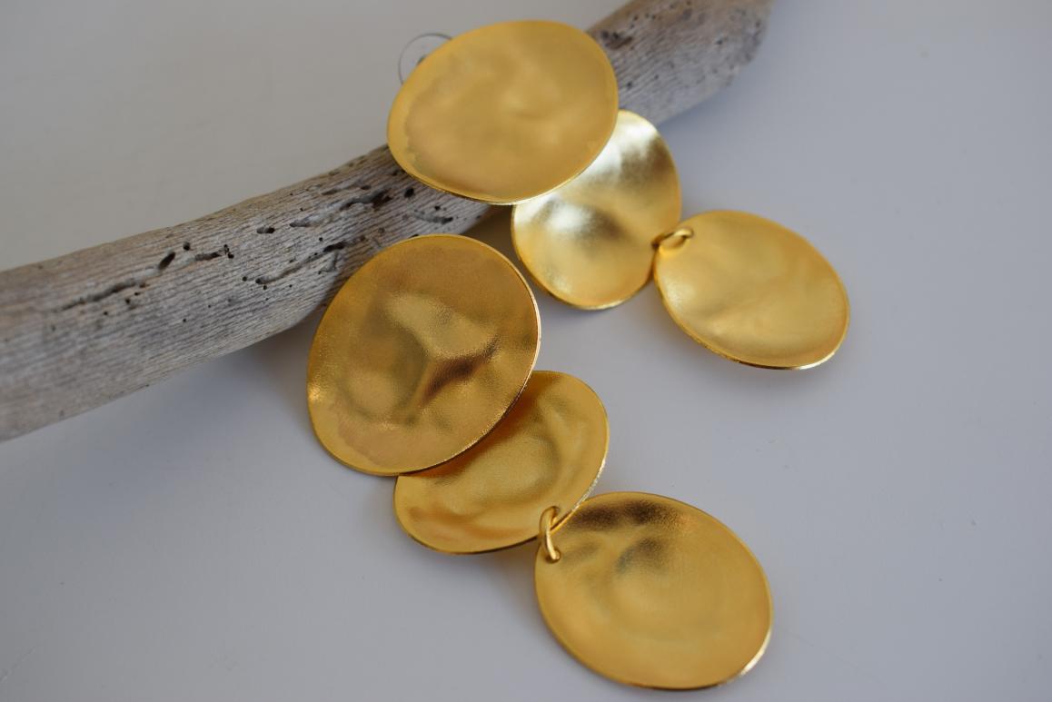 Heliades earrings in handmade Greek hammered jewelry design, available in 18K gold plated and 18K silver plated.
