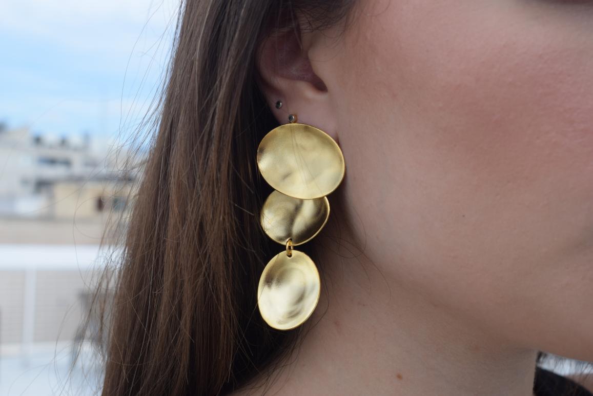 Heliades earrings in handmade Greek hammered jewelry design, available in 18K gold plated and 18K silver plated.