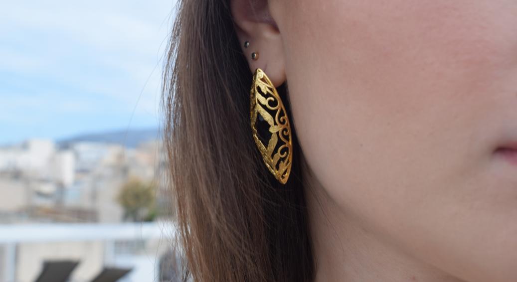 Kassia filigree earrings with Swarovski crystal, handmade Greek hammered jewelry, available in gold or silver plated.