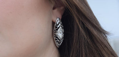 Kassia filigree earrings with crystal, handmade Greek hammered jewelry, available in gold or silver plated.
