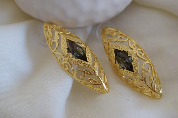 Kassia filigree earrings with Swarovski crystal, handmade Greek hammered jewelry, available in gold or silver plated.