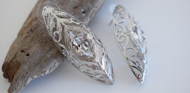 Kassia filigree earrings with Swarovski crystal, handmade Greek hammered jewelry, available in gold or silver plated.