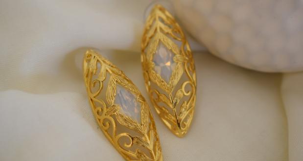 Kassia filigree earrings with Swarovski crystal, handmade Greek hammered jewelry, available in gold or silver plated.