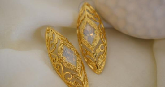 Kassia filigree earrings with Swarovski crystal, handmade Greek hammered jewelry, available in gold or silver plated.