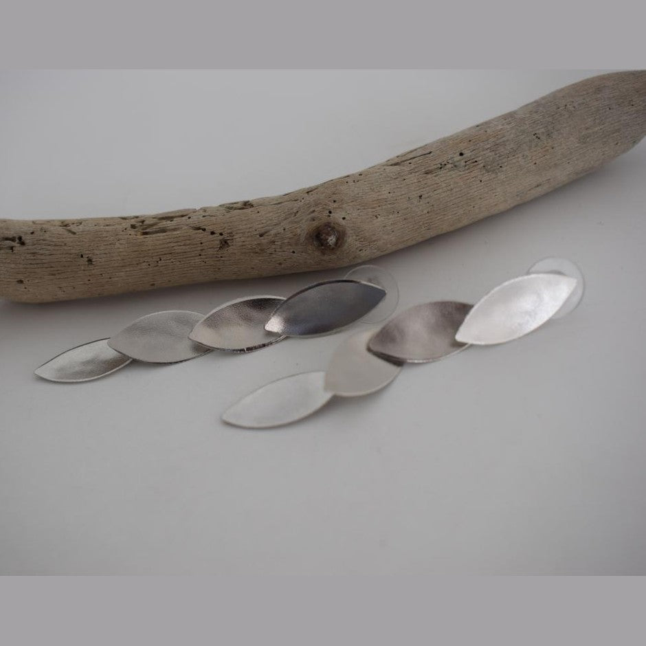 Elaia earrings in handmade Greek hammered jewelry design, available in 18K gold plated and 18K silver plated.