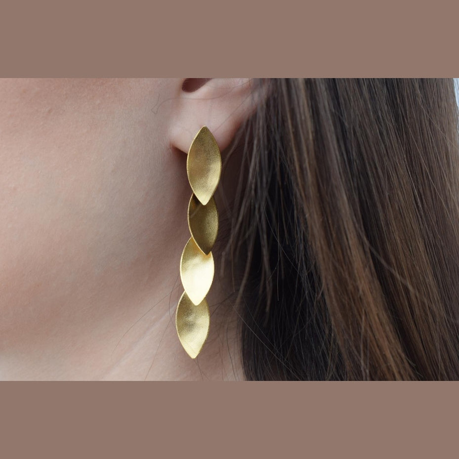 Elaia earrings in handmade Greek hammered jewelry design, available in 18K gold plated and 18K silver plated.