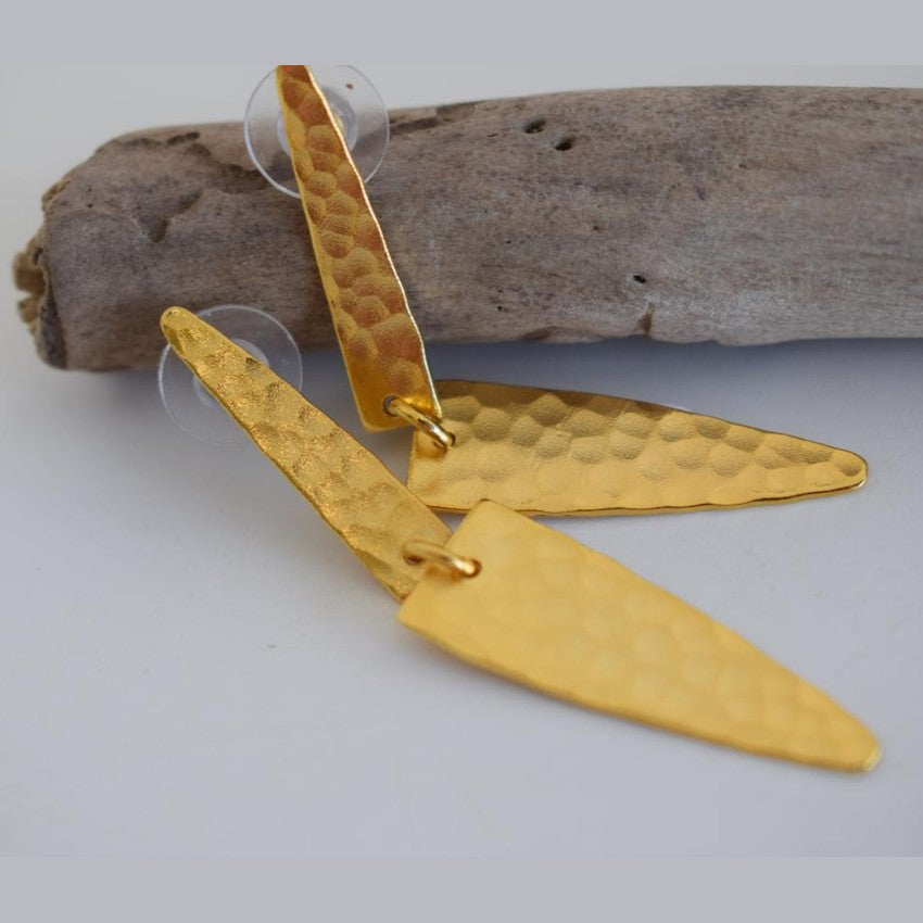 Hefaistos earrings in handmade Greek hammered jewelry design, available in 18K gold plated and 18K silver plated.