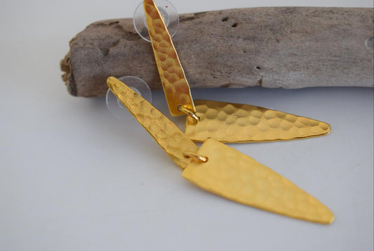 Hefaistos earrings in handmade Greek hammered jewelry design, available in 18K gold plated and 18K silver plated.