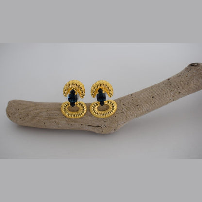 Helike sculptural crescent earrings with crystal, handmade Greek hammered jewelry, available in gold or silver plated.