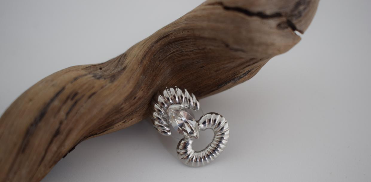 Helike sculptural crescent earrings with Swarovski crystal, handmade Greek hammered jewelry, available in gold or silver plated.