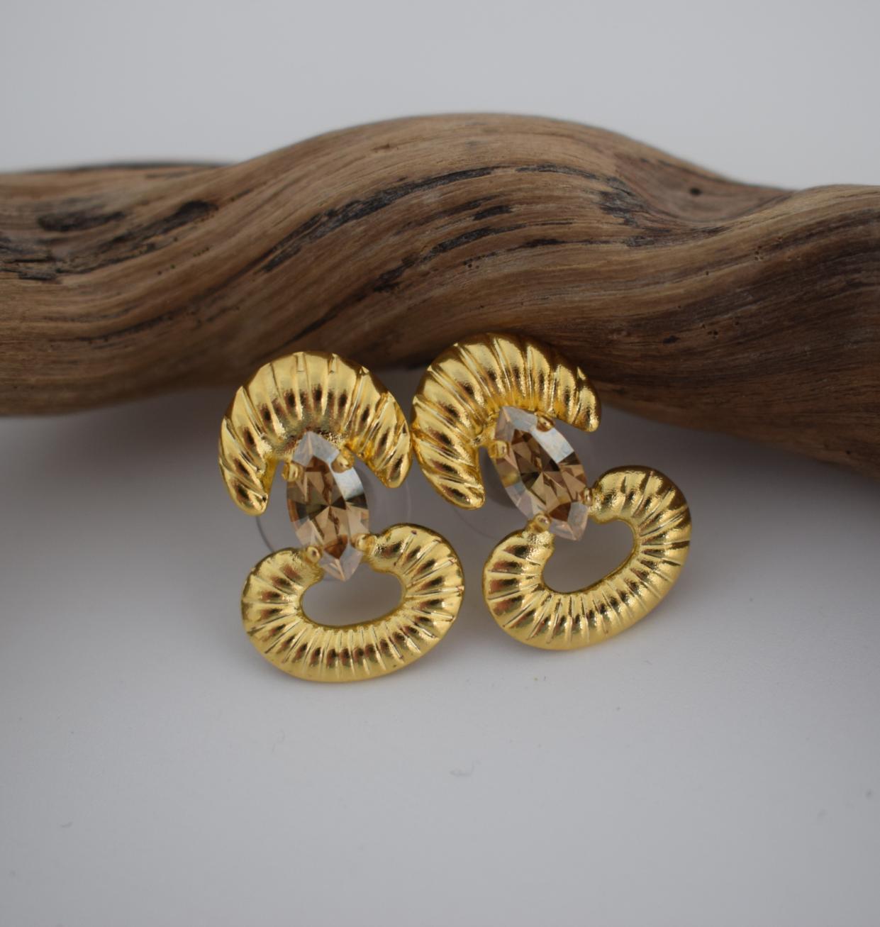 Helike sculptural crescent earrings with Swarovski crystal, handmade Greek hammered jewelry, available in gold or silver plated.