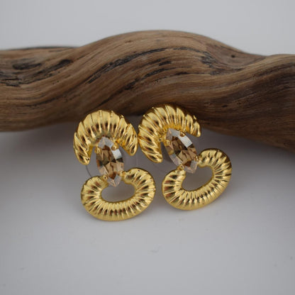 Helike sculptural crescent earrings with crystal, handmade Greek hammered jewelry, available in gold or silver plated.