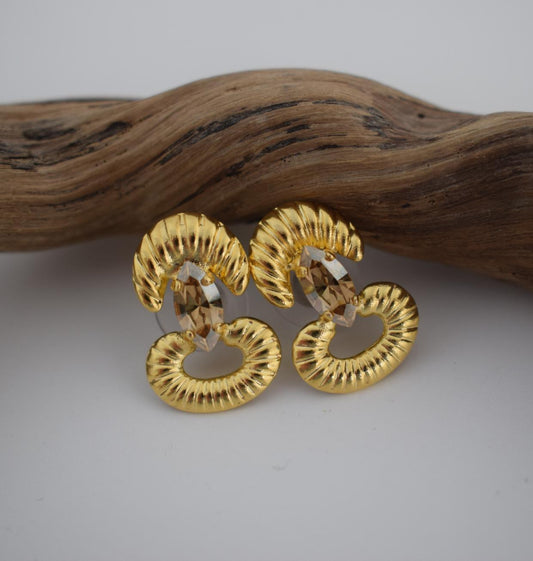 Helike sculptural crescent earrings with Swarovski crystal, handmade Greek hammered jewelry, available in gold or silver plated.