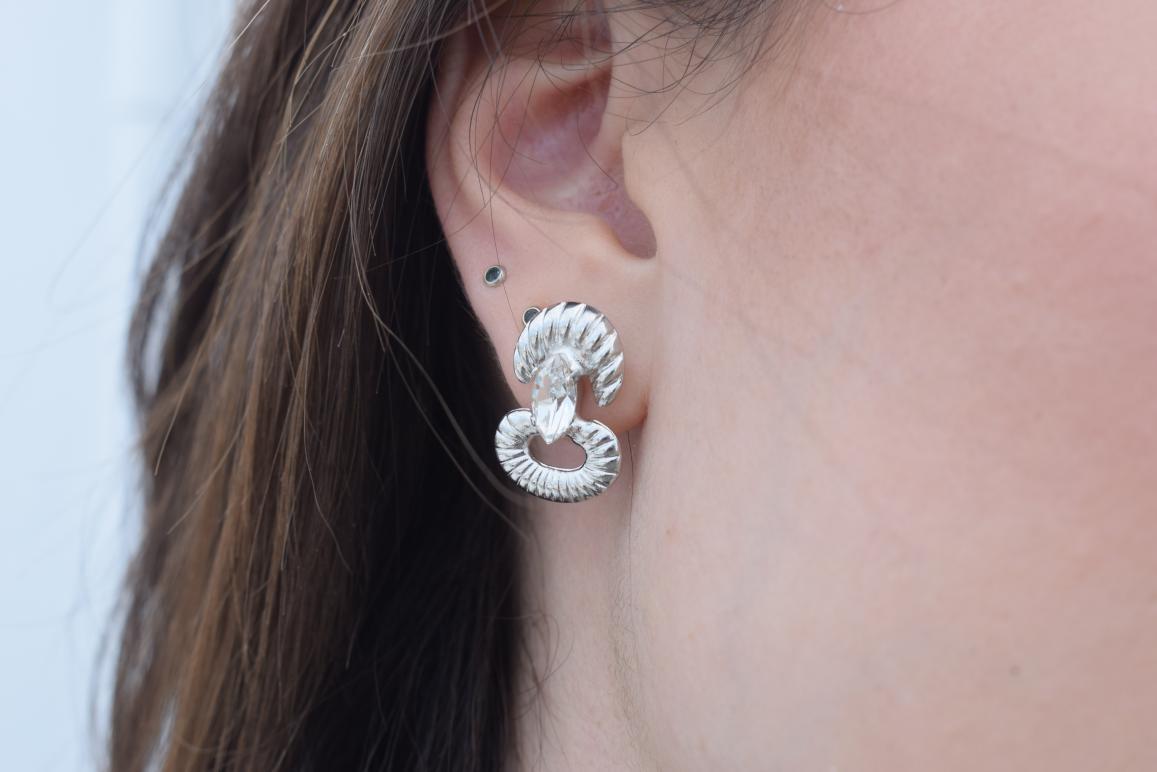 Helike sculptural crescent earrings with Swarovski crystal, handmade Greek hammered jewelry, available in gold or silver plated.