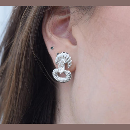 Helike sculptural crescent earrings with crystal, handmade Greek hammered jewelry, available in gold or silver plated.
