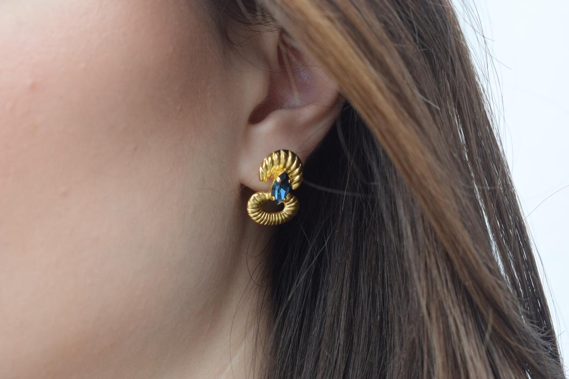 Helike sculptural crescent earrings with Swarovski crystal, handmade Greek hammered jewelry, available in gold or silver plated.