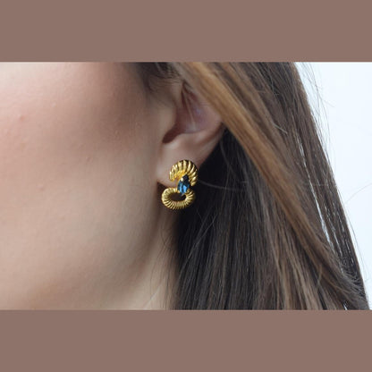 Helike sculptural crescent earrings with crystal, handmade Greek hammered jewelry, available in gold or silver plated.