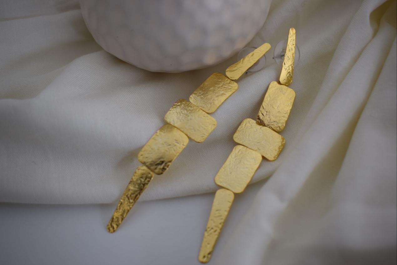 Apollon long geometric hammered earrings, handmade Greek jewelry, available in gold or silver plated.