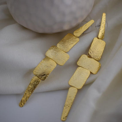 Apollon long geometric hammered earrings, handmade Greek jewelry, available in gold or silver plated.