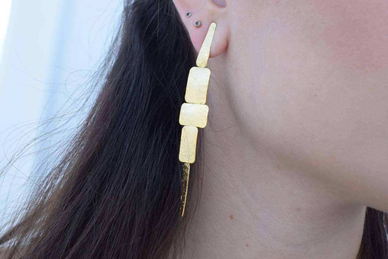 Apollon long geometric hammered earrings, handmade Greek jewelry, available in gold or silver plated.
