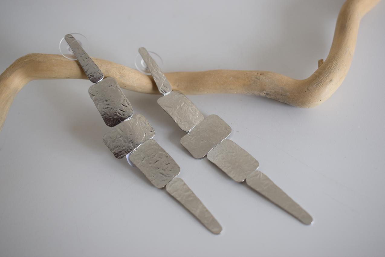 Apollon long geometric hammered earrings, handmade Greek jewelry, available in gold or silver plated.