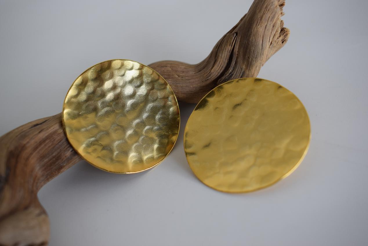 Rhea Earrings handmade Greek hammered jewelry with round disc design, available in 18K gold plated and silver plated finishes.
