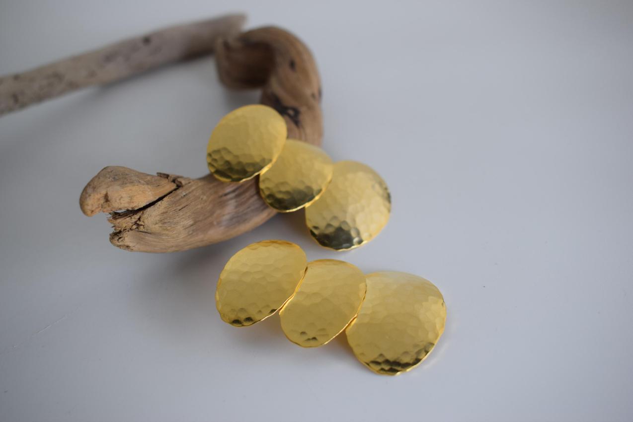 Dimitra earrings in handmade Greek hammered jewelry design, available in 18K gold plated and 18K silver plated.