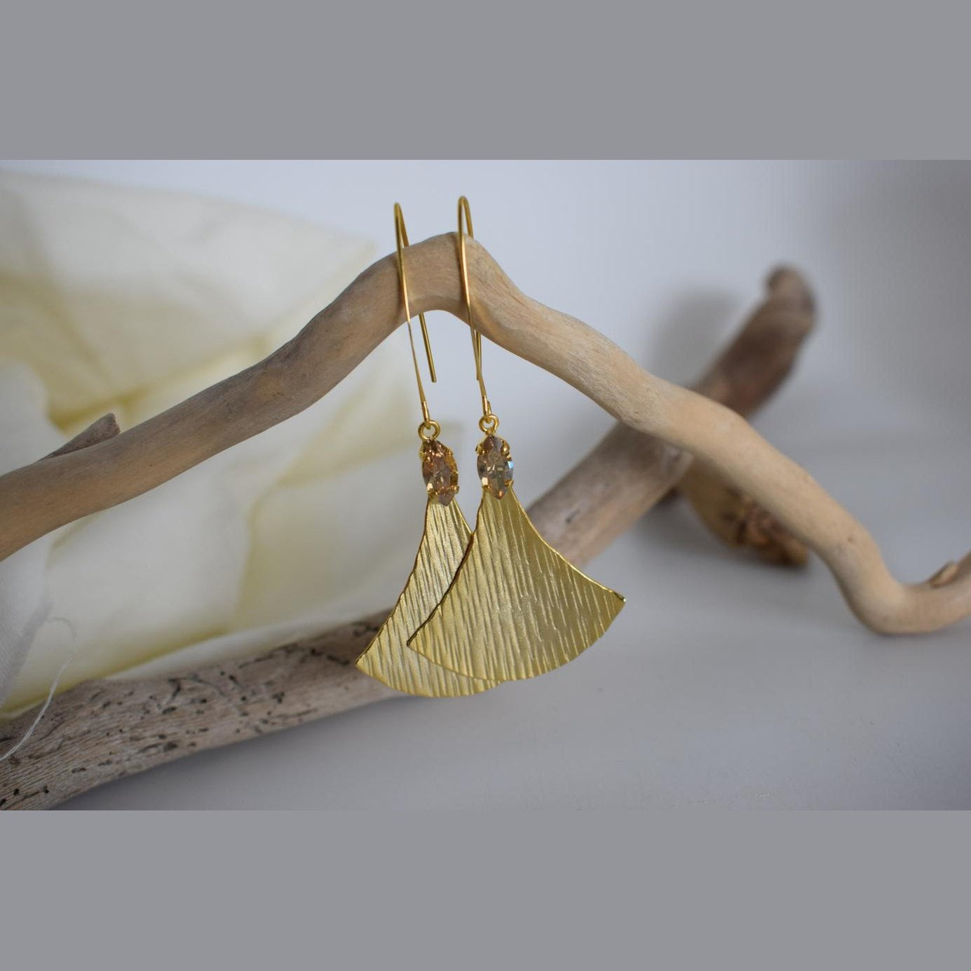 Ionio 3 earrings in handmade Greek hammered jewelry with crystals, available in 18K gold plated and 18K silver plated.