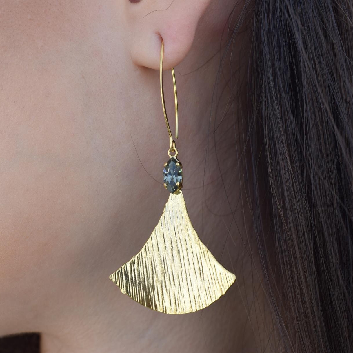 Ionio 3 earrings in handmade Greek hammered jewelry with crystals, available in 18K gold plated and 18K silver plated.