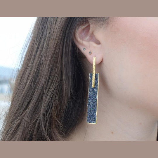 Ravdos earrings in handmade Greek hammered jewelry with crystals, available in 18K gold plated and 18K silver plated.