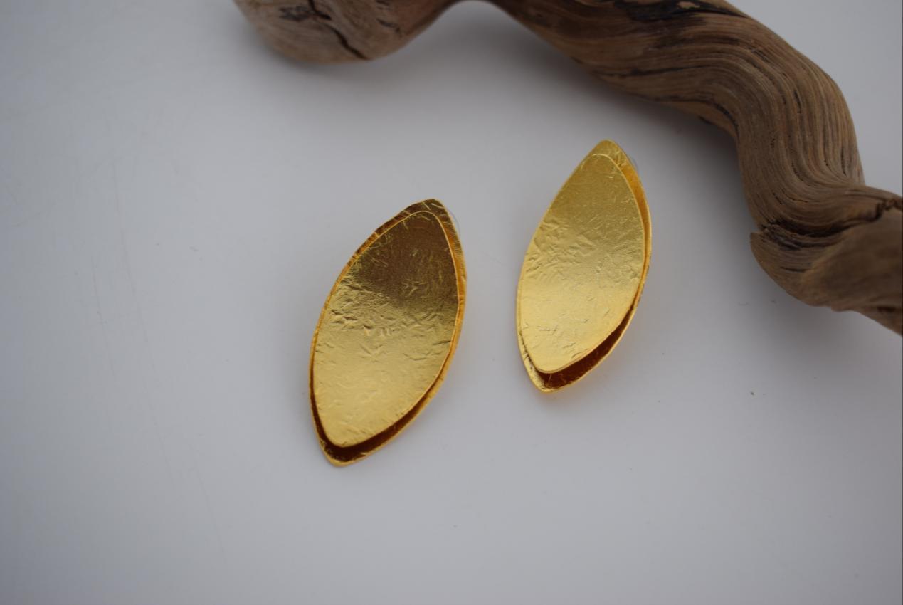 Phylion Earrings handmade Greek hammered jewelry with leaf-shaped design, available in 18K gold plated and silver plated finishes.