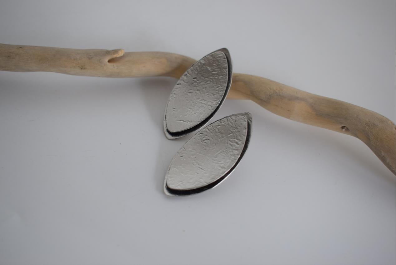 Phylion Earrings handmade Greek hammered jewelry with leaf-shaped design, available in 18K gold plated and silver plated finishes.