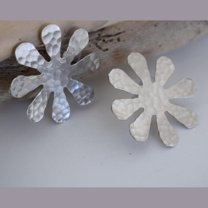 Chrysanthe2 floral earrings in handmade Greek hammered jewelry, sculptural flower design available in gold plated and silver plated finishes.