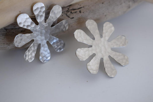 Chrysanthe2 floral earrings in handmade Greek hammered jewelry, sculptural flower design available in gold plated and silver plated finishes.