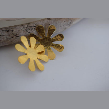 Chrysanthe2 floral earrings in handmade Greek hammered jewelry, sculptural flower design available in gold plated and silver plated finishes.