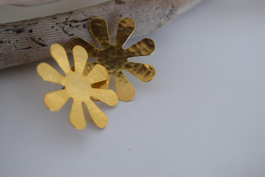 Chrysanthe2 floral earrings in handmade Greek hammered jewelry, sculptural flower design available in gold plated and silver plated finishes.