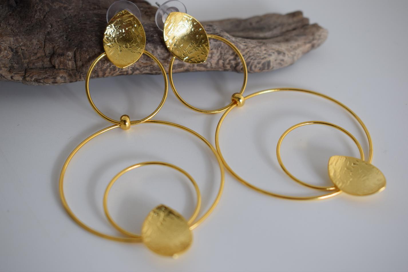 Hydor2 earrings in handmade Greek hammered jewelry style, available in 18K gold plated and silver plated finishes.