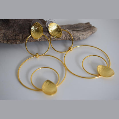 Hydor2 earrings in handmade Greek hammered jewelry style, available in 18K gold plated and silver plated finishes.
