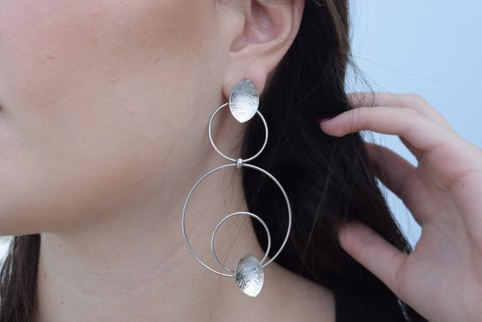 Hydor2 earrings in handmade Greek hammered jewelry style, available in 18K gold plated and silver plated finishes.