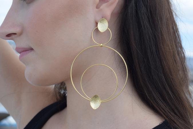 Hydor2 earrings in handmade Greek hammered jewelry style, available in 18K gold plated and silver plated finishes.