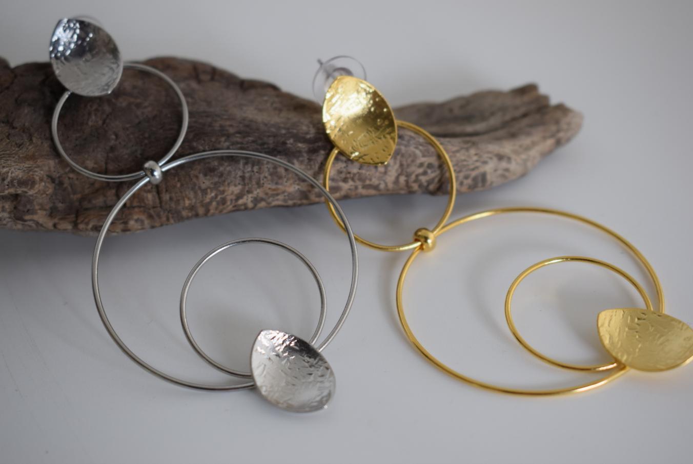 Hydor2 earrings in handmade Greek hammered jewelry style, available in 18K gold plated and silver plated finishes.