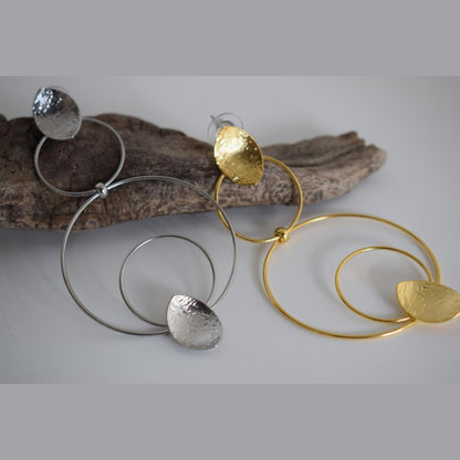 Hydor2 earrings in handmade Greek hammered jewelry style, available in 18K gold plated and silver plated finishes.
