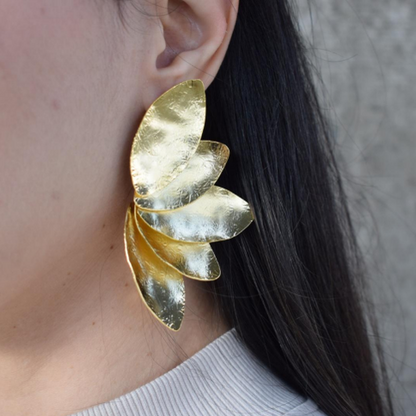 Olive Petal earrings, layered leaf design, Greek hammered jewelry, handmade, available in 18K gold plated, silver plated, or rose gold plated