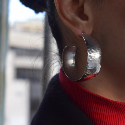 Thetis earrings, hammered wide hoops, Greek hammered jewelry, handmade, available in 18K gold plated, silver plated, or rose gold plated