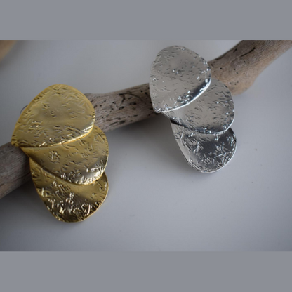 Trifyllon earrings – Greek hammered jewelry – 18K gold or silver plated triple leaf design.