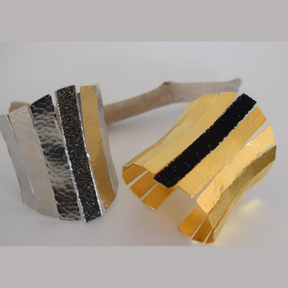 Ravdos Bracelet – Greek hammered jewelry – 18K gold or silver plated – wide cuff with hammered panels and crystals