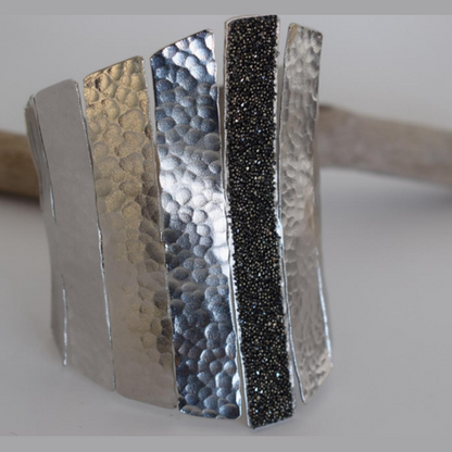 Ravdos Bracelet – Greek hammered jewelry – 18K gold or silver plated – wide cuff with hammered panels and crystals