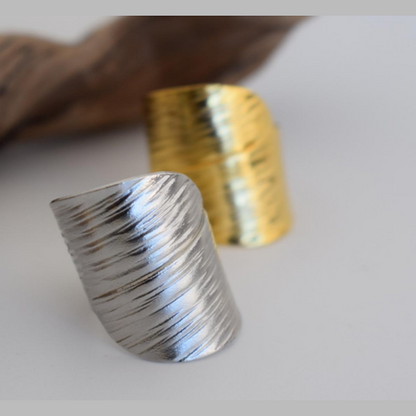 Roi Ring – Greek hammered jewelry – 18K gold or silver plated – wide hammered wave texture ring