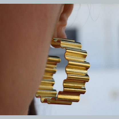 Rythmos earrings, wave-shaped hammered design, Greek hammered jewelry, handmade, available in 18K gold plated, silver plated, or rose gold plated